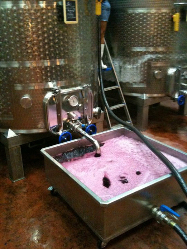 woman on the ladder using a hydraulic pump to collect wine from the 'La Tour Melas' tank into vans